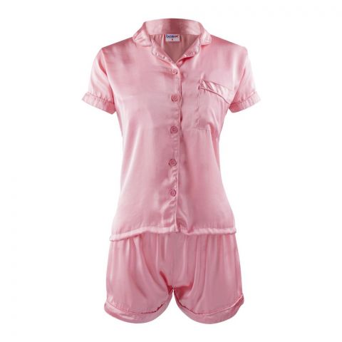 Basix Women's Silk Shirt and Short Pajama Nightwear Set, Rose Pink, SW-102