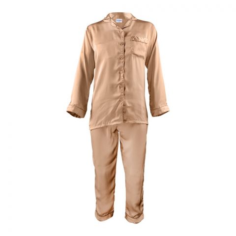 Basix Women's Silk Shirt and Long Pajama Nightwear Set, Beige, SW-105