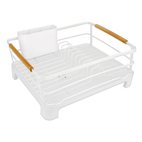 Homeatic Classic Dish Rack With Wooden Handle Tray, White, HMK-1005