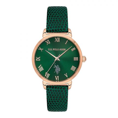 U.S. Polo Assn Women's Round Dial Analog Wrist Watch With Band Strap, Green, USPA2077-04