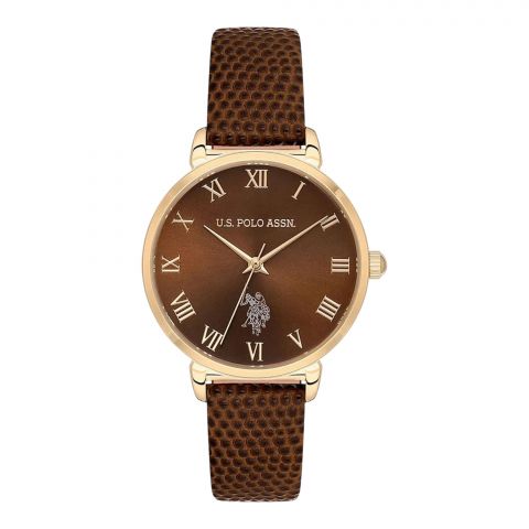 U.S. Polo Assn Women's Round Dial Analog Wrist Watch With Band Strap, Brown, USPA2077-06