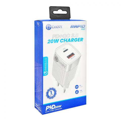 Dany Rapid PD+QC3.0 20W Dual Port Charger, White, R20