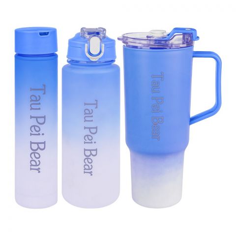 UBS Tau Pei Bear Sports Water Bottle, Vacuum Insulated Tumbler 3-Piece Set, Blue