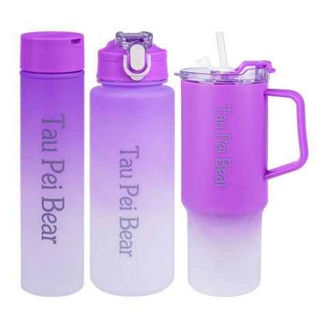 UBS Tau Pei Bear Sports Water Bottle, Vacuum Insulated Tumbler 3-Piece Set, Purple