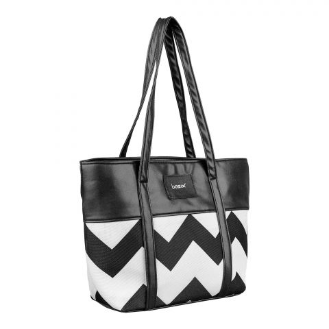 Basix Women Zig Zag Pattern Hand Bag, Black & White, REX-BL02