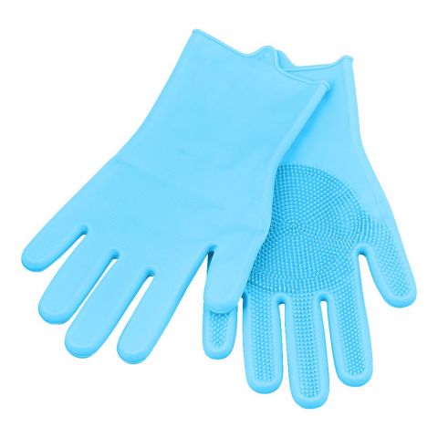 Silicone Dishwashing Rubber Gloves With Scrubber, Blue, 1-Pair