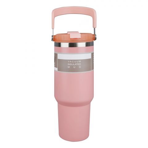 AJF Stainless Steel Vacuum Insulated Thermos Bottle - Hot/Cold Travel Mug with Lid & Straw, 1200ml, Pink, SUS 304