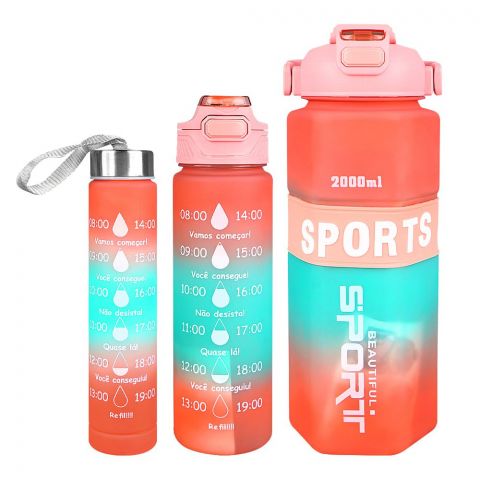 AJF Set of 3 Sports BPA-Free Water Bottles with Time Marker - 2000ml, 800ml & 280ml, Pink