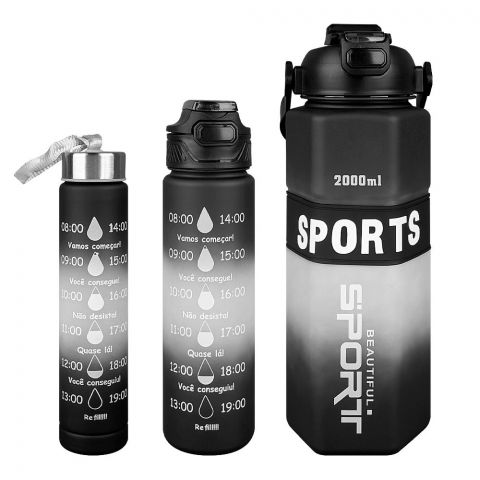 AJF Set of 3 Sports BPA-Free Water Bottles with Time Marker - 2000ml, 800ml & 280ml, Black