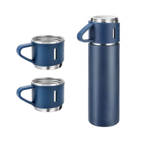 3in1 Travel Water Bottle with 3 Stainless Steel Mugs, Hot & Cold Vacuum Insulated Flask, Blue, 500ml