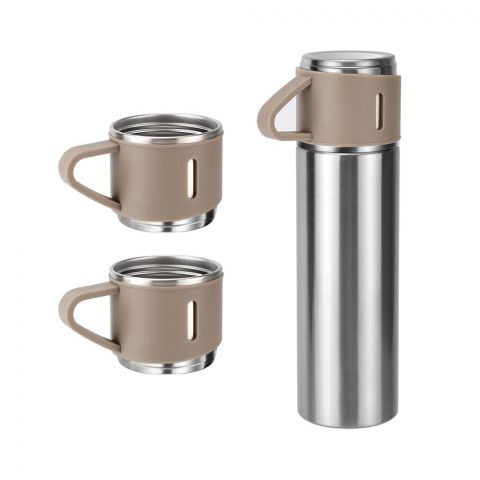 3in1 Travel Water Bottle with 3 Stainless Steel Mugs, Hot & Cold Vacuum Insulated Flask, Brown, 500ml