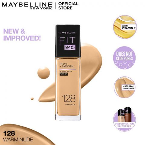 Maybelline New York Fit Me Dewy + Smooth Liquid Foundation SPF 23, 128 Warm Nude, 30ml