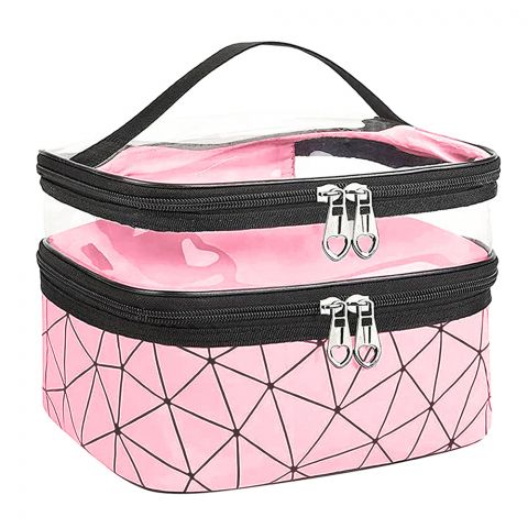 Waterproof Double Layer Zipper Travel Cosmetic Bag, Makeup Organizer & Toiletry Pouch, Pink