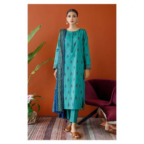 Unstitched 3 Piece Printed Cambric Shirt, Cambric Pant & Lawn Dupatta, Green, 57731