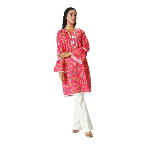 Basix Carnation Pink Cambric Fancy Shirt With White Lace & Tassle, CAS-508