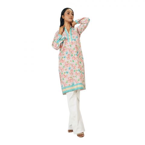 Basix Pink Floral With Green Border Cambric Fancy Shirt, CAS-509