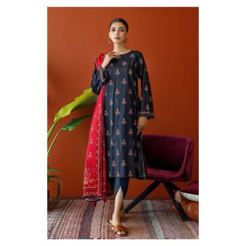 Unstitched 3 Piece Printed Cambric Shirt, Cambric Pant & Lawn Dupatta, Black, 57735