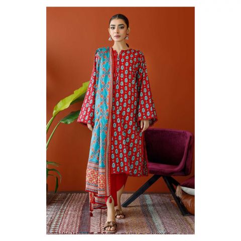 Unstitched 3 Piece Printed Cambric Shirt, Cambric Pant & Lawn Dupatta, Maroon, 57736