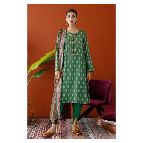 Unstitched 3 Piece Printed Cambric Shirt, Cambric Pant & Lawn Dupatta, Green, 57738