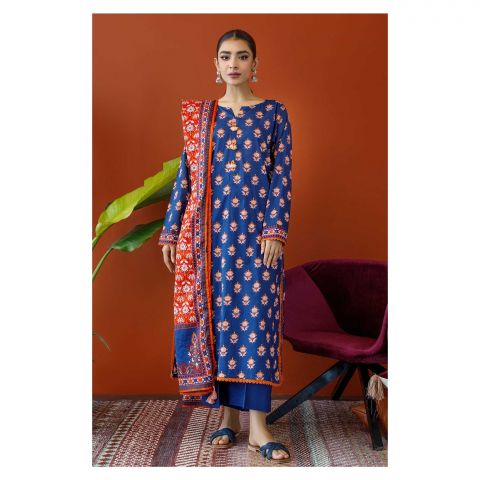 Unstitched 3 Piece Printed Cambric Shirt, Cambric Pant & Lawn Dupatta, Blue, 57739