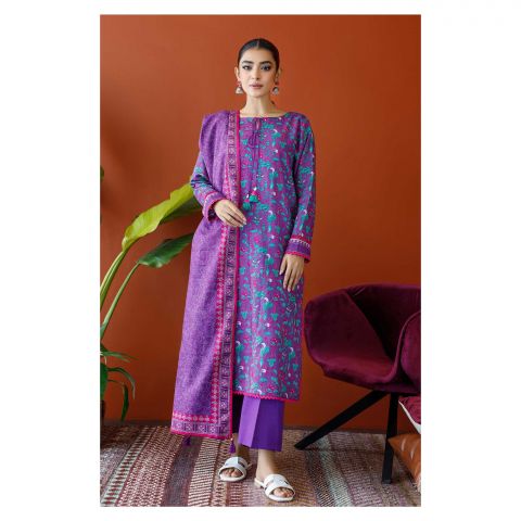 Unstitched 3 Piece Printed Khaddar Shirt, Khaddar Pant & Khaddar Dupatta, Purple, 57752