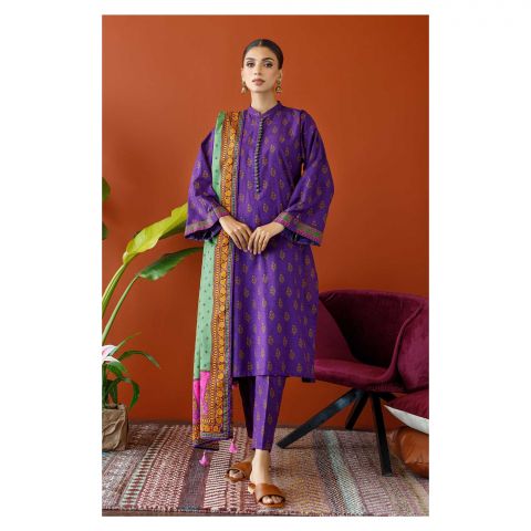 Unstitched 3 Piece Printed Khaddar Shirt, Khaddar Pant & Khaddar Dupatta, Purple, 57761
