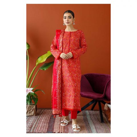 Unstitched 3 Piece Printed Cambric Shirt, Cambric Pant & Lawn Dupatta, Red, 57762