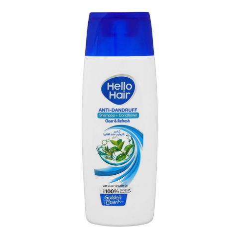 Golden Pearl Hello Hair Anti-Dandruff Shampoo + Conditioner, Clear & Fresh With Tea Tree Oil & Mint Oil, Upto 100% Dandruff Free Hair, 385ml