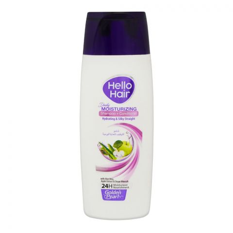 Golden Pearl Hello Hair Daily Moisturizing Shampoo + Conditioner, Hydrating & Silky Straight With Aloe Vera, Apple Extract & Ocean Minerals, 24Hrs Moisturized Nourishment, 385ml