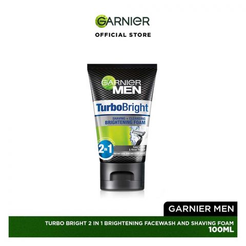 Garnier Men Turbo Bright 2-In-1 Brightening Face Wash & Shaving Foam, 100ml