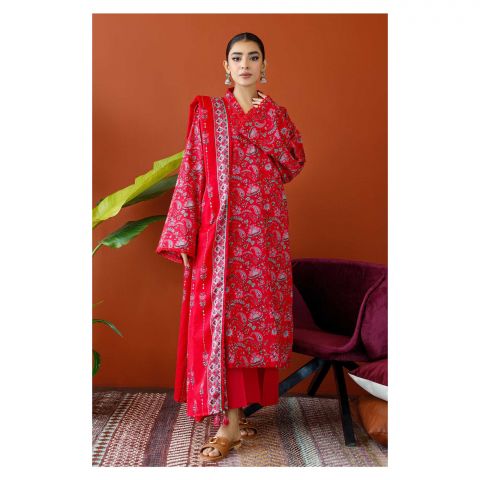Unstitched 3 Piece Printed Cambric Shirt, Cambric Pant & Lawn Dupatta, Red, 57795