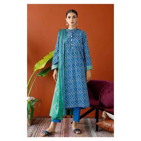 Unstitched 3 Piece Printed Cambric Shirt, Cambric Pant & Lawn Dupatta, Blue, 57797