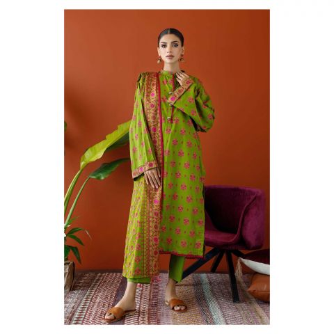 Unstitched 3 Piece Printed Cambric Shirt, Cambric Pant & Lawn Dupatta, Green, 57798