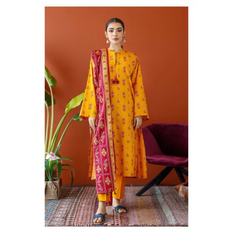 Unstitched 3 Piece Printed Cambric Shirt, Cambric Pant & Lawn Dupatta, Yellow, 57799