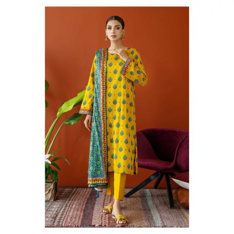 Unstitched 3 Piece Printed Cambric Shirt, Cambric Pant & Lawn Dupatta, Ochre, 57800