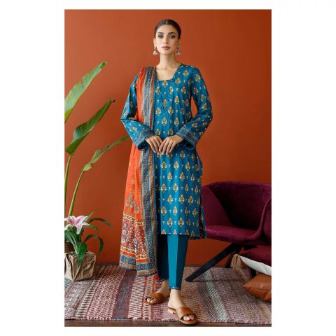Unstitched 3 Piece Printed Cambric Shirt, Cambric Pant & Lawn Dupatta, Teal, 57801