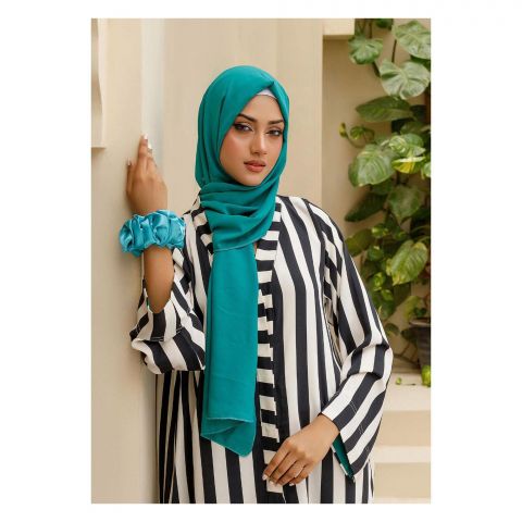 Affinity Striped Silk Front Open Abaya, Black & White
