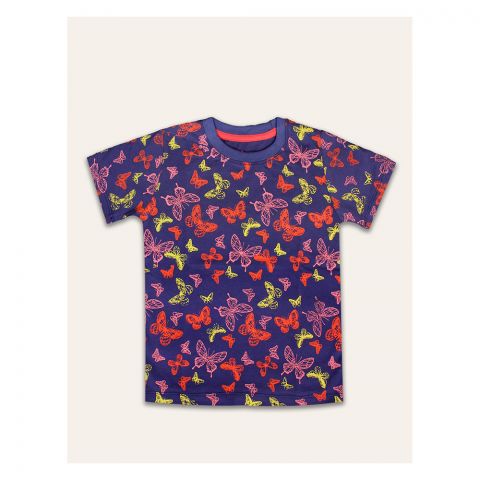 IXAMPLE Girls Butterfly Printed Tee, Navy Blue, IXSGTS 64027