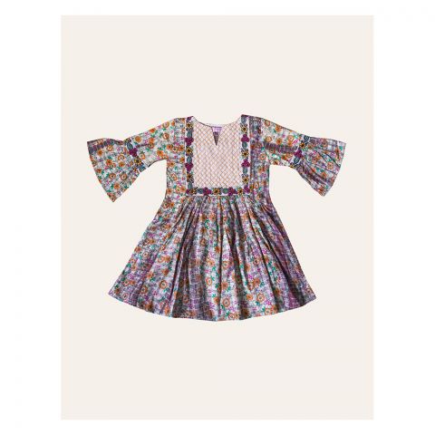 IXAMPLE Girls Print Embellished Ethnic Dress, Beige, IXGET 79020