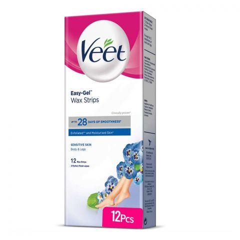 Veet Easy-Gelwax Sensitive Skin Wax Body & Legs Strips, Almond Oil And Cornflower, 12-Pack