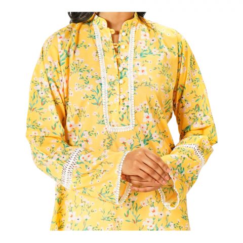 Basix Digital Printed Fancy Lawn Yellow Shirt With Lace, LS-507