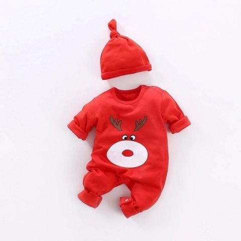 Baby Nest Jumpsuit With Cap, Reindeer Red, BNBJS-10