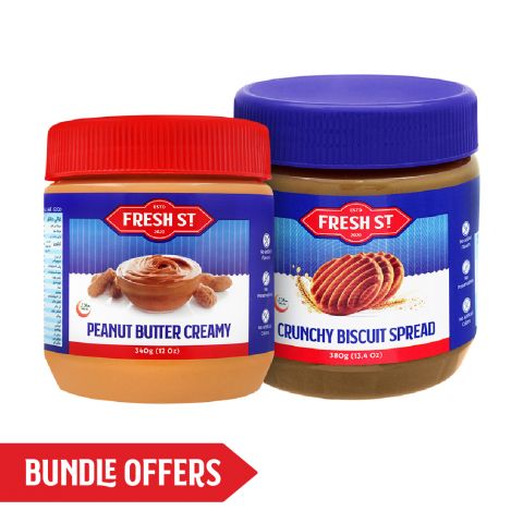 Fresh Street Creamy Peanut Butter, 340g + Crunchy Biscuit Spread, 380g, Bundle Offer