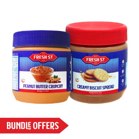 Fresh Street Crunchy Peanut Butter, 340g + Creamy Biscuit Spread, 380g, Bundle Offer