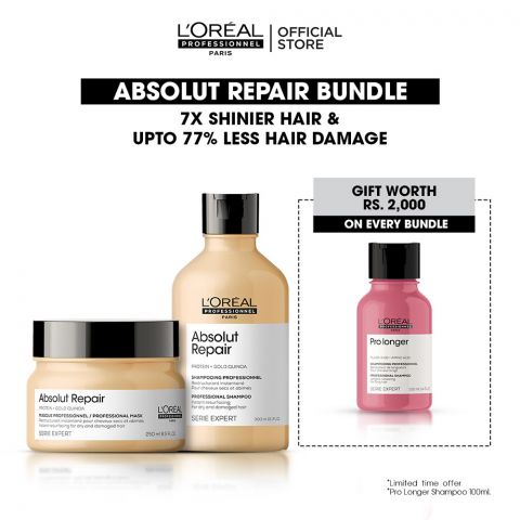 L'Oreal Professionnel Absolut Repair Bundle, 300ml Shampoo & 250ml Mask For Dry and Damaged Hair + Free 100ml Pro Longer Shampoo