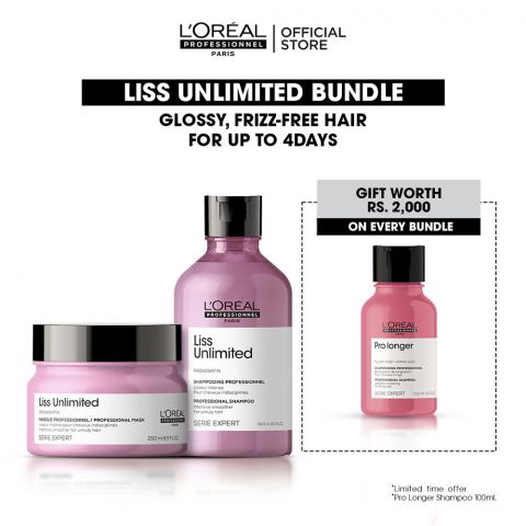 L'Oreal Professionnel Liss Unlimited Bundle, 300ml Shampoo & 250ml Mask For Frizzy and Unruly Hair + Free 100ml Pro Longer Shampoo