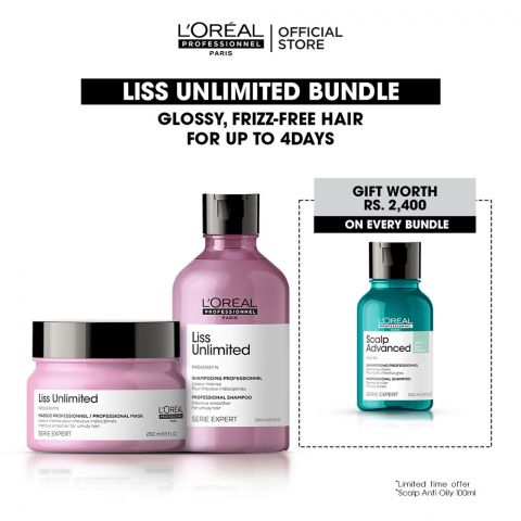 L'Oreal Professionnel Liss Unlimited 300ml Shampoo + 250ml Mask + Free Scalp Advanced Anti-Gras Oiliness Shampoo 100ml