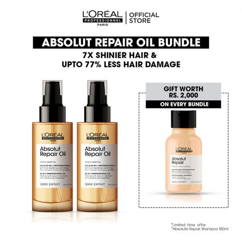 L'Oreal Professionnel Absolut Repair Hair Serum 90ml Pack Of 2 Bundle + Free 100ml Absolut Repair Shampoo