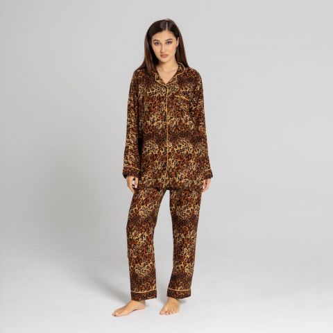 Basix Ladies Loungewear Black Gold Cheetah Set, 2-Piece, 514-B