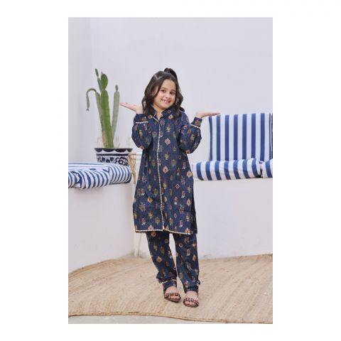 Basix Girls Navy Blue Lace Embellished Cotton Cambric, 2 Piece - Shirt & Trouser, GRL-159